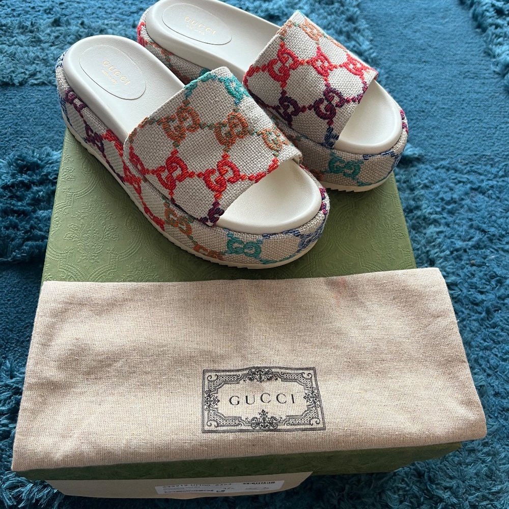Linen Psychedelic Mini GG Monogram Angelina Platform Slide Sandals 37.5 Multicol